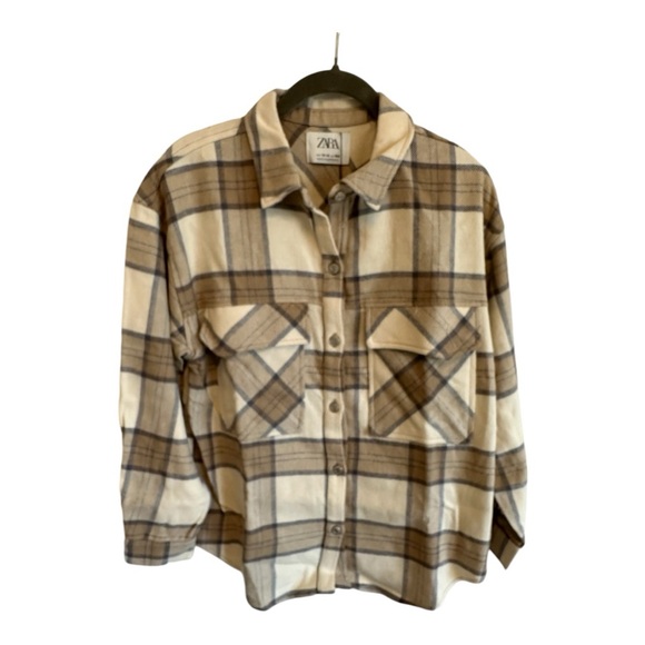 Zara Girls Cream Tan And Gray Flannel Shirt NWT - Picture 1 of 7